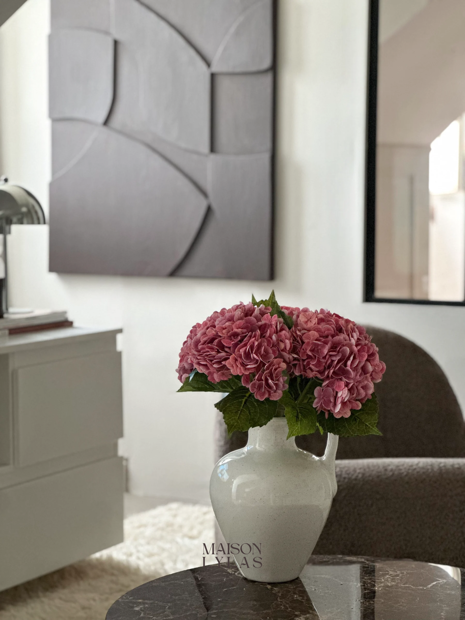Composition hortensias roses artificiels décoration intérieure – Maison Lylas