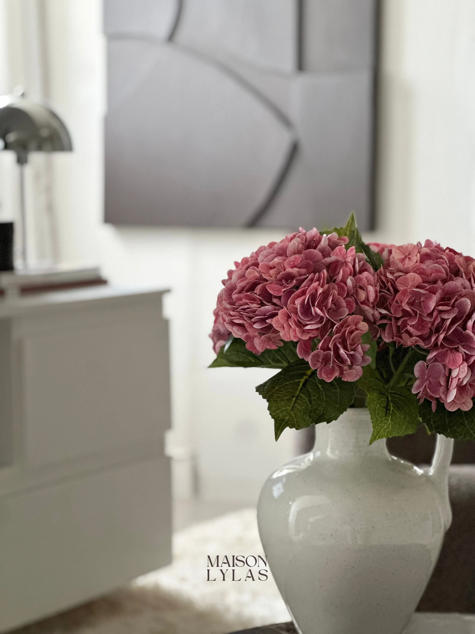 Composition hortensias roses artificiels décoration intérieure – Maison Lylas